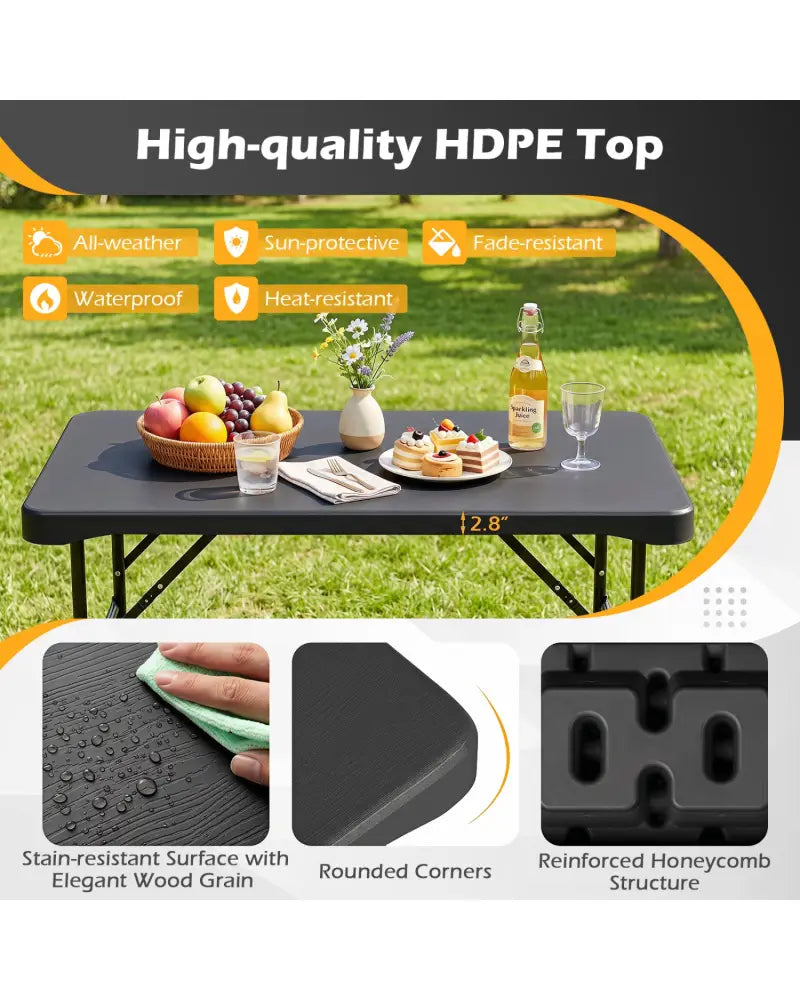 Outdoor Folding Table Bench Set w All-Weather HDPE Tabletop and Sturdy Metal Frame-Black - Black - Patio Dining Sets
