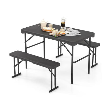 Outdoor Folding Table Bench Set w All-Weather HDPE Tabletop and Sturdy Metal Frame-Black - Black - Patio Dining Sets