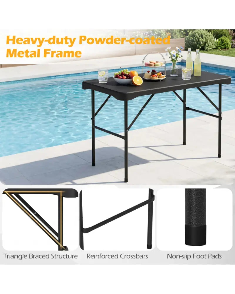 Outdoor Folding Table Bench Set w All-Weather HDPE Tabletop and Sturdy Metal Frame-Black - Black - Patio Dining Sets