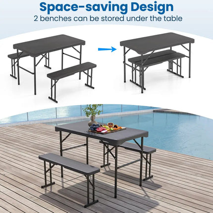 Outdoor Folding Table Bench Set w All-Weather HDPE Tabletop and Sturdy Metal Frame-Black - Black - Patio Dining Sets