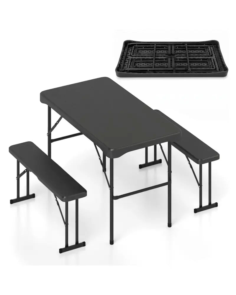 Outdoor Folding Table Bench Set w All-Weather HDPE Tabletop and Sturdy Metal Frame-Black - Black - Patio Dining Sets