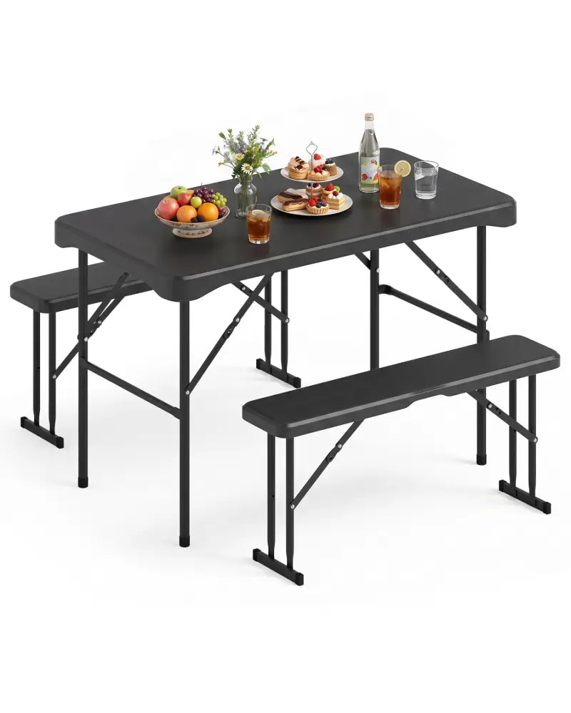 Outdoor Folding Table Bench Set w All-Weather HDPE Tabletop and Sturdy Metal Frame-Black - Black - Patio Dining Sets