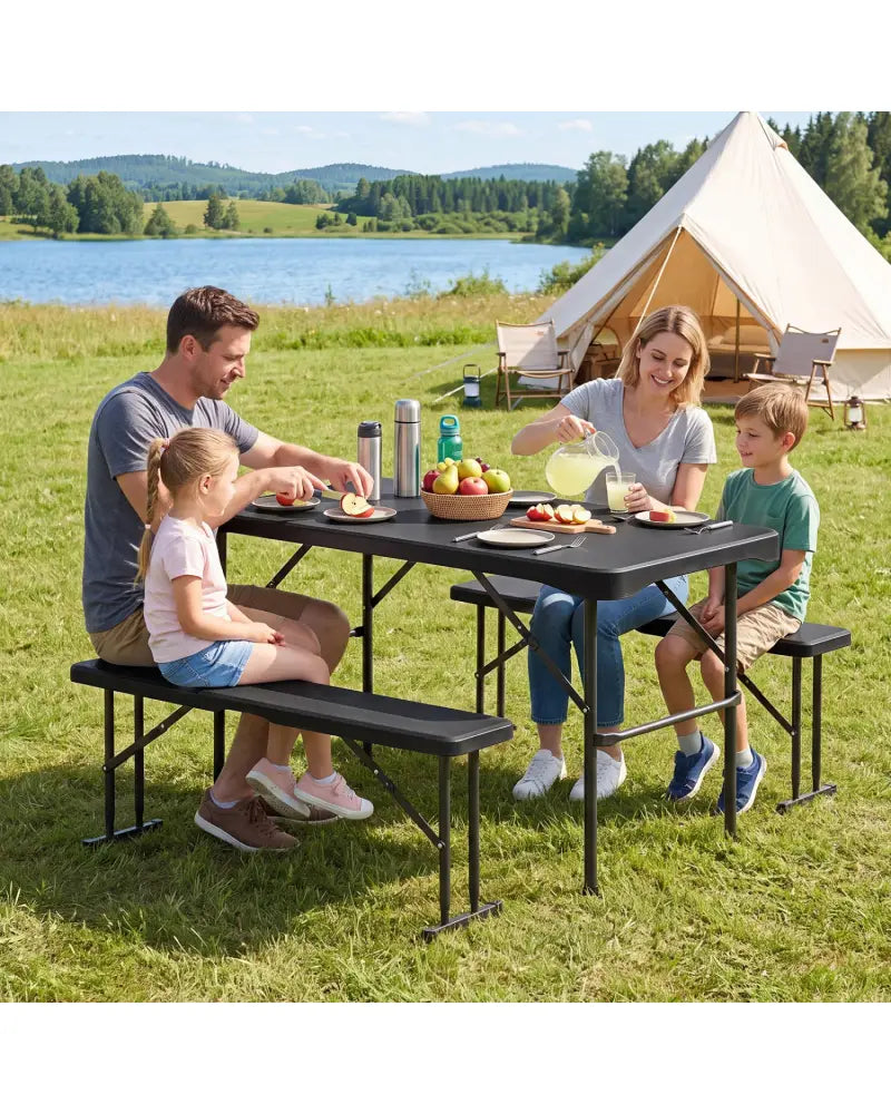 Outdoor Folding Table Bench Set w All-Weather HDPE Tabletop and Sturdy Metal Frame-Black - Black - Patio Dining Sets