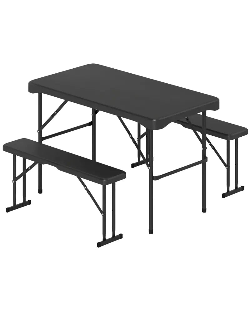 Outdoor Folding Table Bench Set w All-Weather HDPE Tabletop and Sturdy Metal Frame-Black - Black - Patio Dining Sets