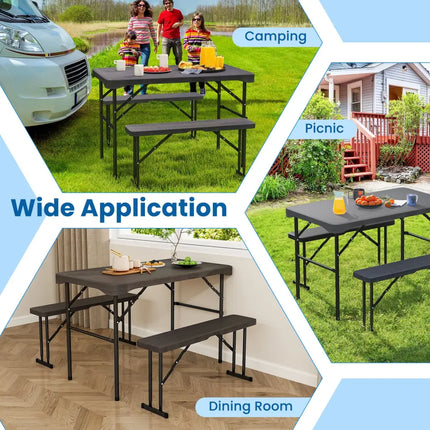 Outdoor Folding Table Bench Set w All-Weather HDPE Tabletop and Sturdy Metal Frame-Black - Black - Patio Dining Sets