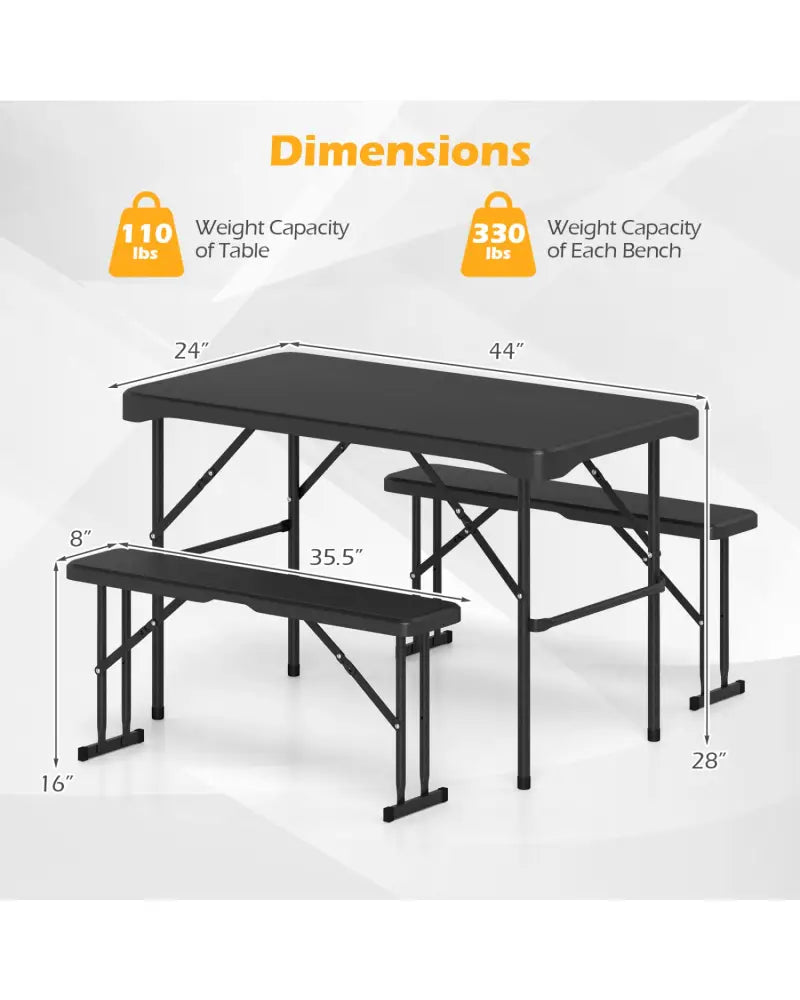 Outdoor Folding Table Bench Set w All-Weather HDPE Tabletop and Sturdy Metal Frame-Black - Black - Patio Dining Sets