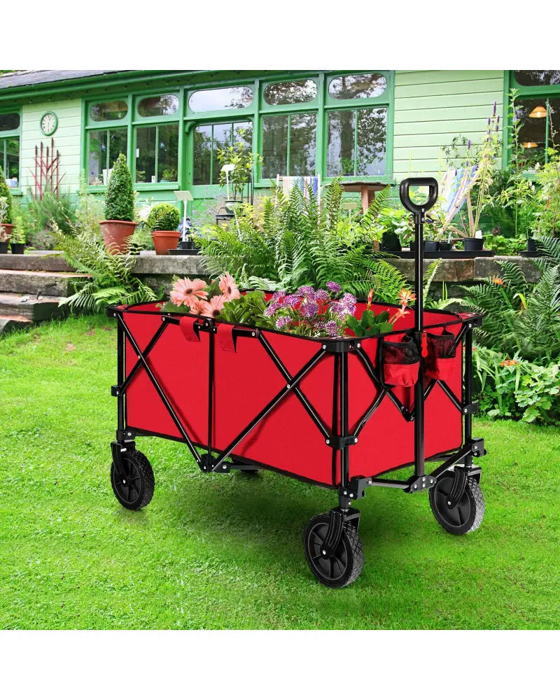 Outdoor Folding Wagon Cart with Adjustable Handle and Universal Wheels-Red - Red - Garden Carts