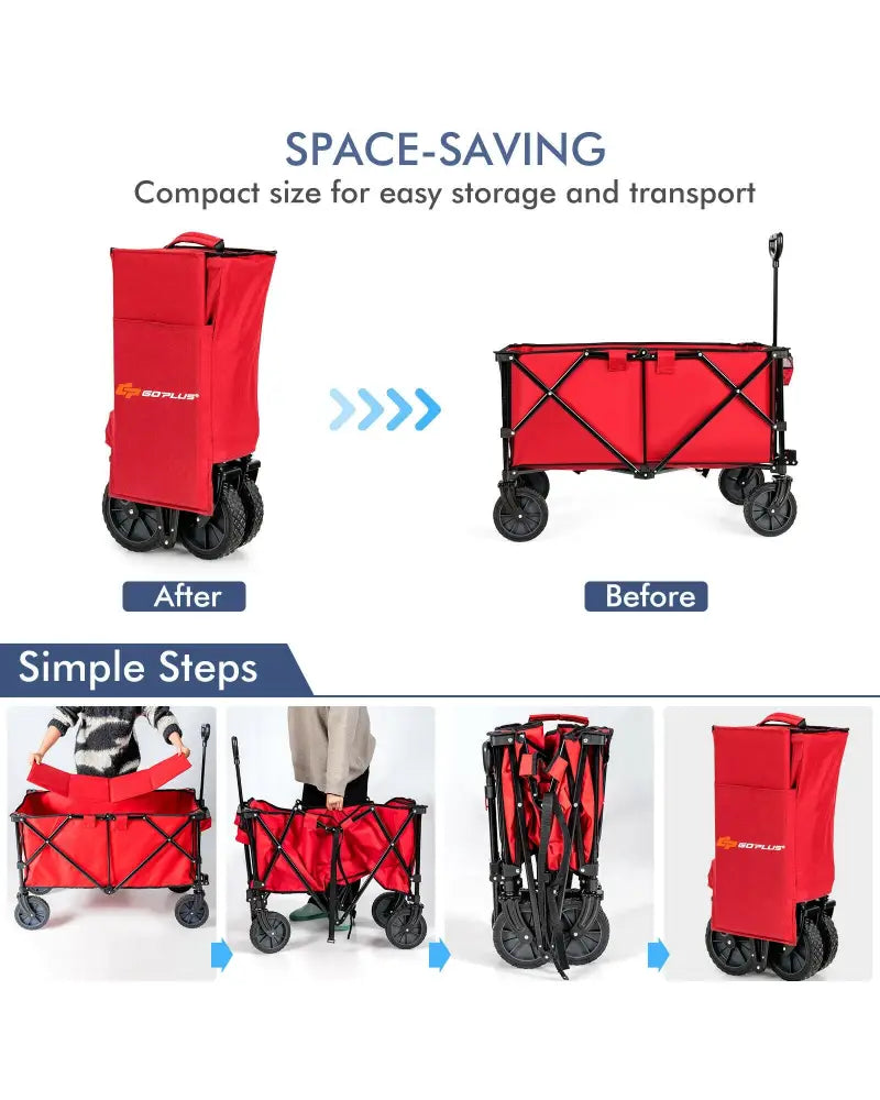 Outdoor Folding Wagon Cart with Adjustable Handle and Universal Wheels-Red - Red - Garden Carts