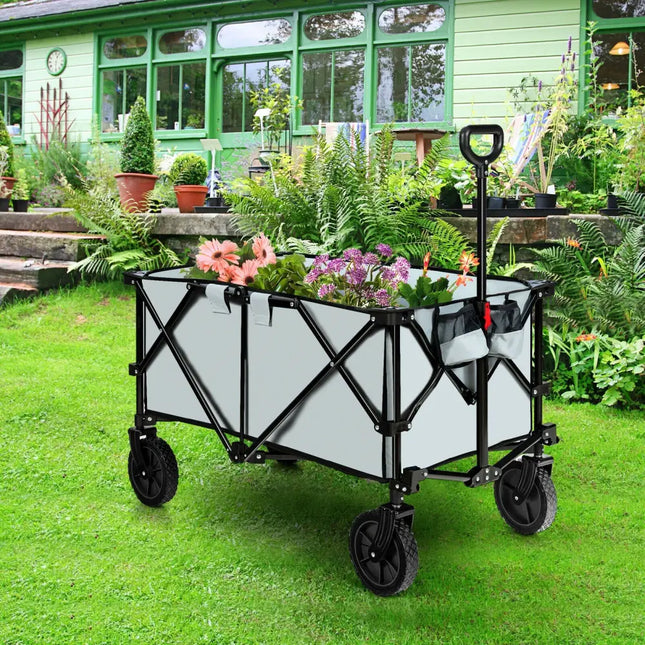 Outdoor Folding Wagon Cart with Adjustable Handle and Universal Wheels-Gray - Gray - Garden Carts