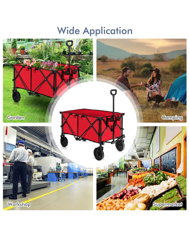 Outdoor Folding Wagon Cart with Adjustable Handle and Universal Wheels-Red - Red - Garden Carts
