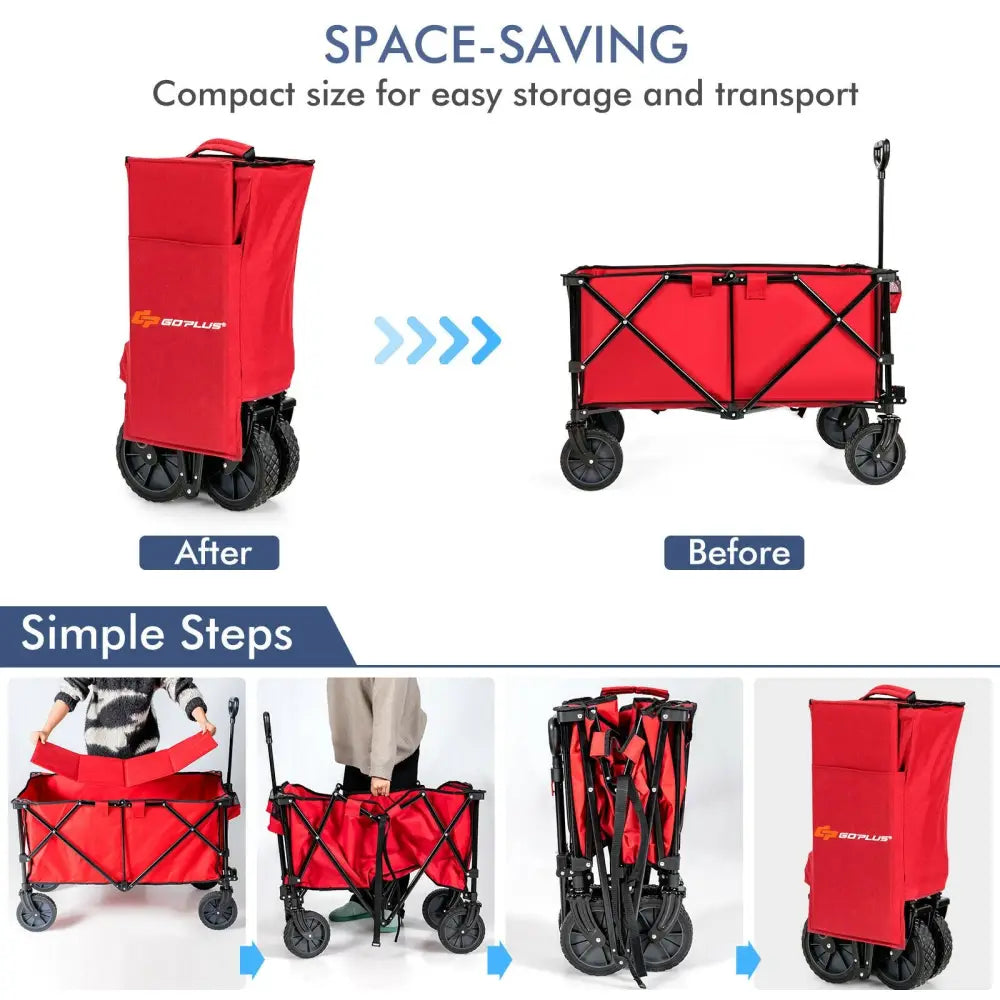 Outdoor Folding Wagon Cart with Adjustable Handle and Universal Wheels-Red - Red - Garden Carts