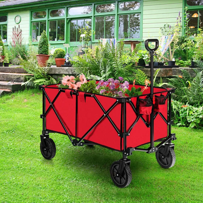 Outdoor Folding Wagon Cart with Adjustable Handle and Universal Wheels-Red - Red - Garden Carts