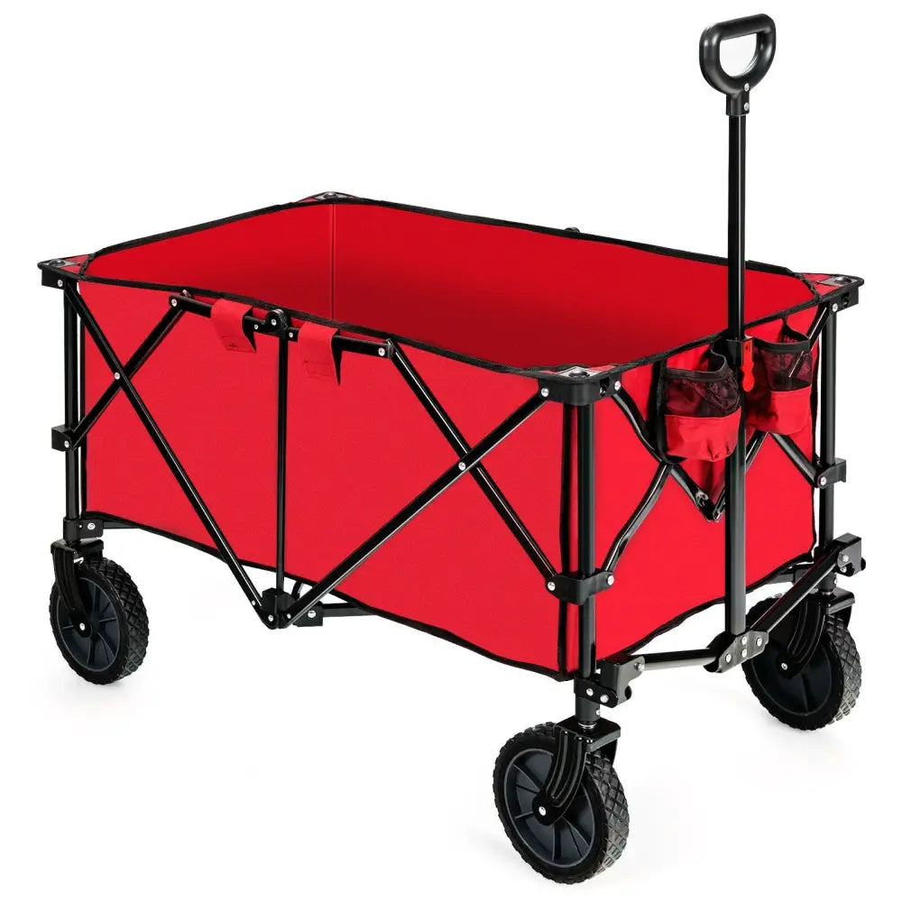 Outdoor Folding Wagon Cart with Adjustable Handle and Universal Wheels-Red - Red - Garden Carts