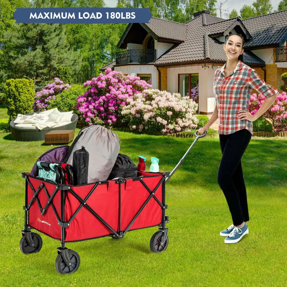 Outdoor Folding Wagon Cart with Adjustable Handle and Universal Wheels-Red - Red - Garden Carts