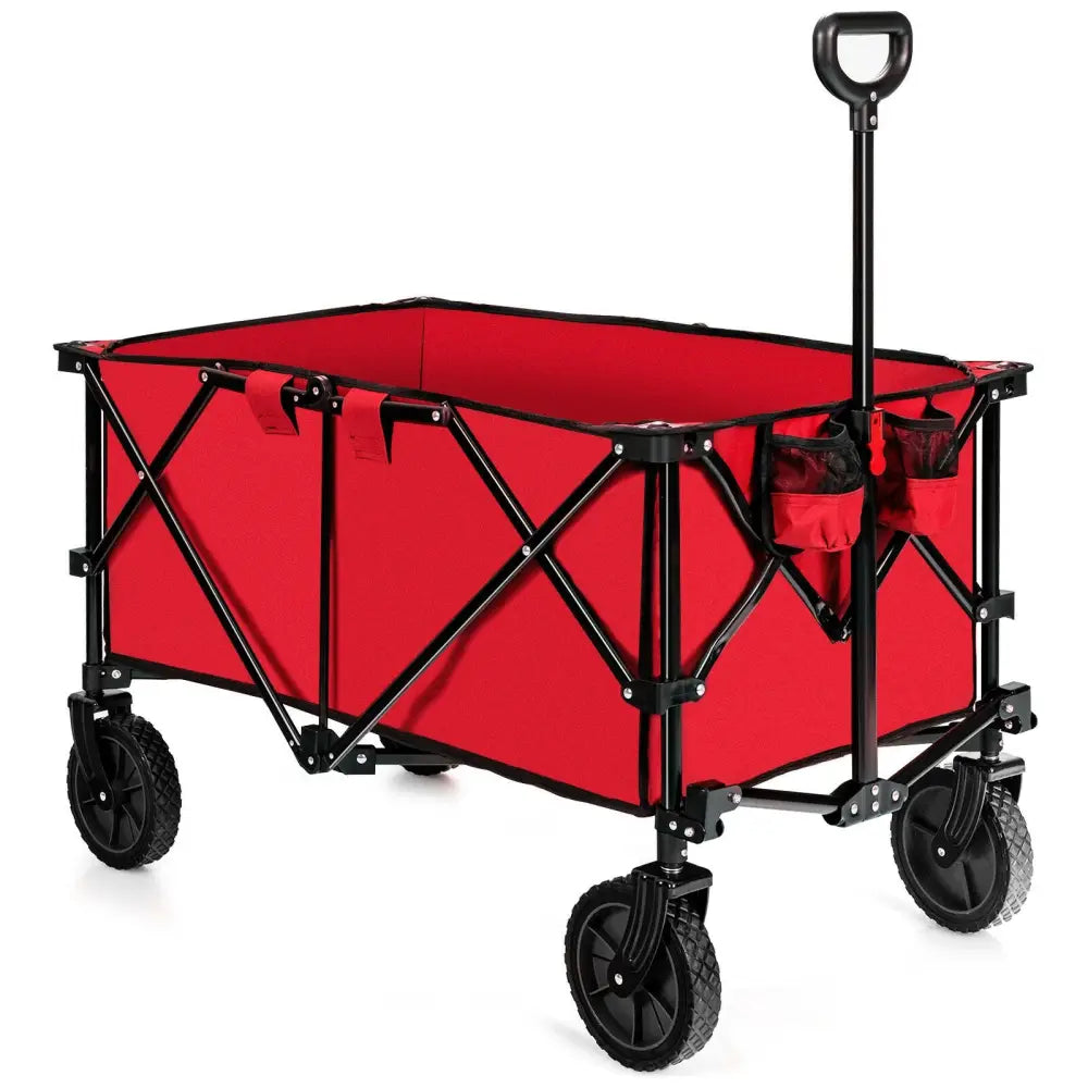 Outdoor Folding Wagon Cart with Adjustable Handle and Universal Wheels-Red - Red - Garden Carts