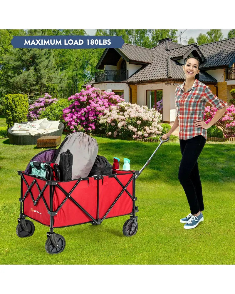 Outdoor Folding Wagon Cart with Adjustable Handle and Universal Wheels-Red - Red - Garden Carts