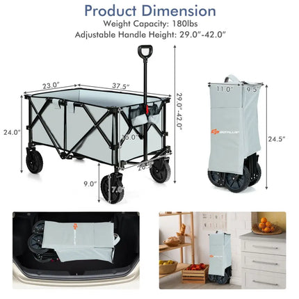 Outdoor Folding Wagon Cart with Adjustable Handle and Universal Wheels-Gray - Gray - Garden Carts