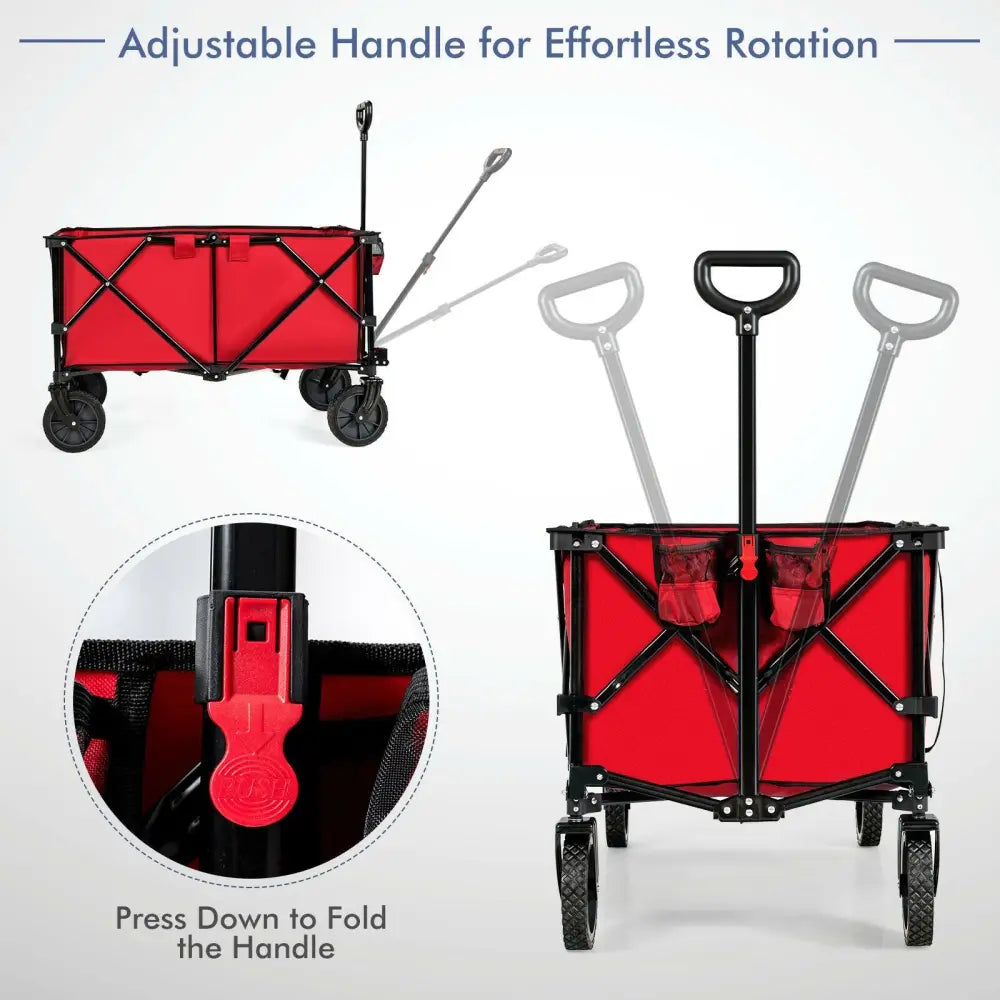 Outdoor Folding Wagon Cart with Adjustable Handle and Universal Wheels-Red - Red - Garden Carts
