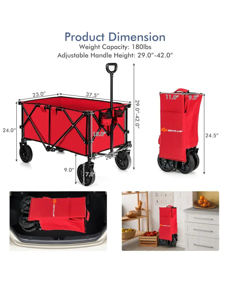 Outdoor Folding Wagon Cart with Adjustable Handle and Universal Wheels-Red - Red - Garden Carts