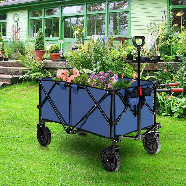Outdoor Folding Wagon Cart with Adjustable Handle and Universal Wheels-Navy - Navy - Garden Carts