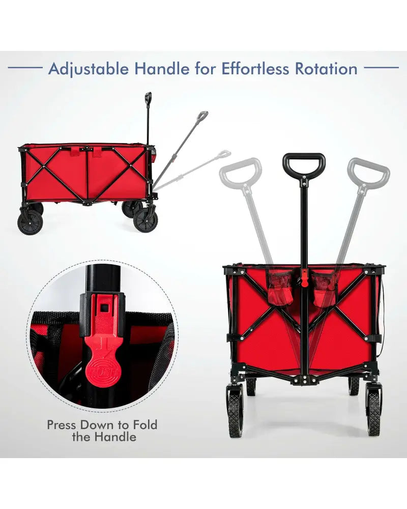 Outdoor Folding Wagon Cart with Adjustable Handle and Universal Wheels-Red - Red - Garden Carts