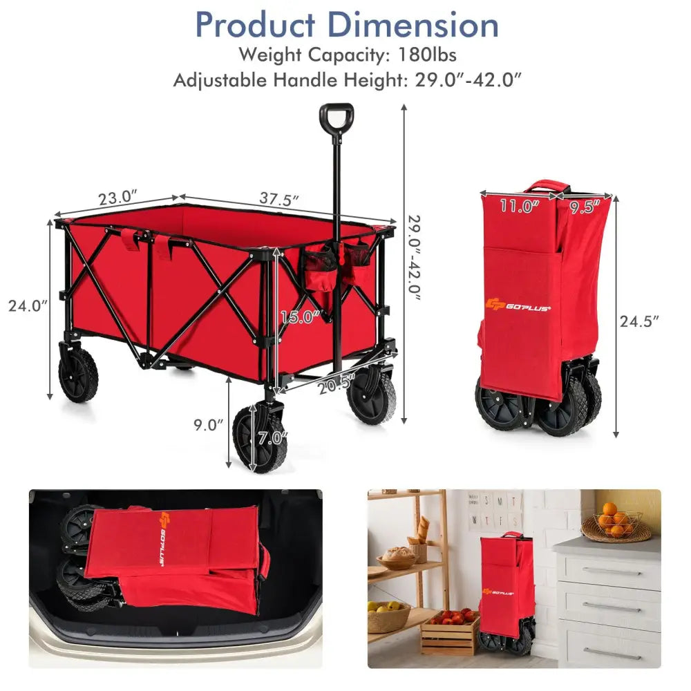 Outdoor Folding Wagon Cart with Adjustable Handle and Universal Wheels-Red - Red - Garden Carts