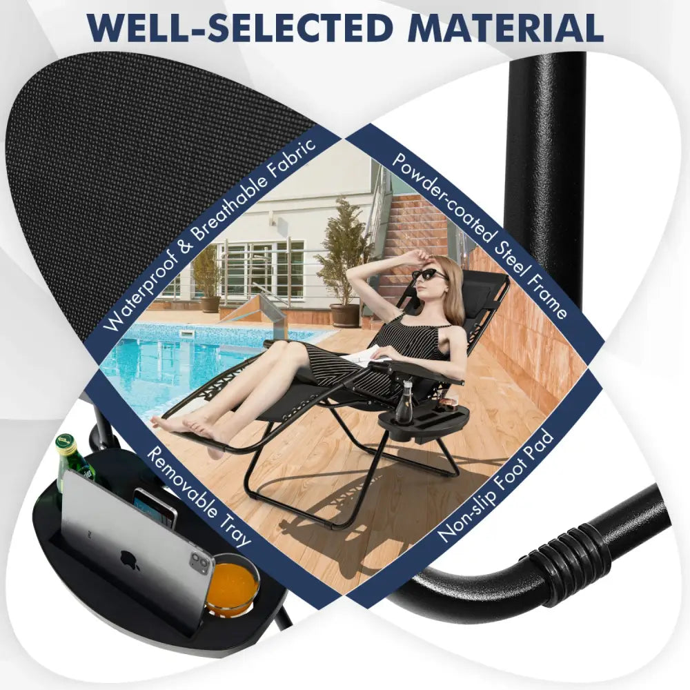 Outdoor Folding Zero Gravity Reclining Lounge Chair with Utility Tray-Black - Black - Beach & Lawn Chairs