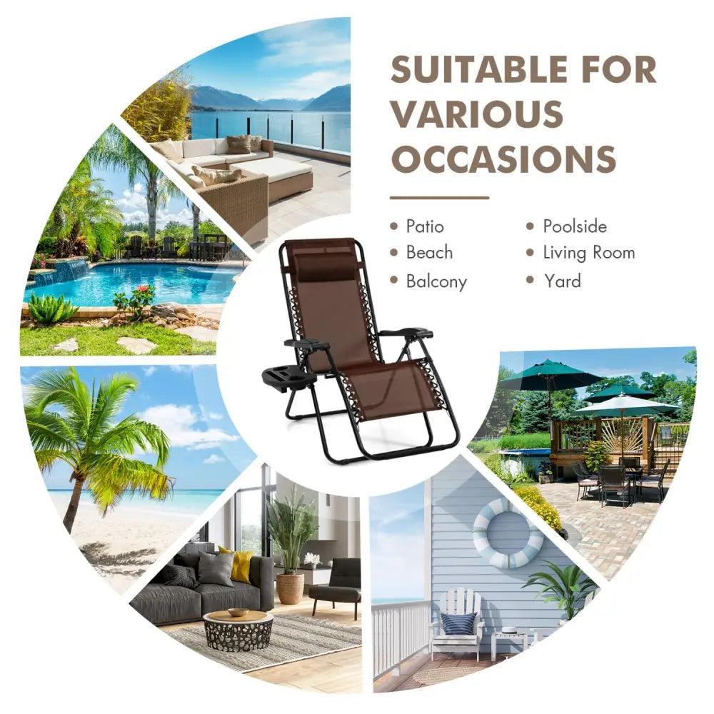 Outdoor Folding Zero Gravity Reclining Lounge Chair with Utility Tray-Brown - Brown - Beach & Lawn Chairs