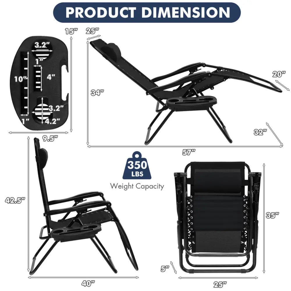 Outdoor Folding Zero Gravity Reclining Lounge Chair with Utility Tray-Black - Black - Beach & Lawn Chairs