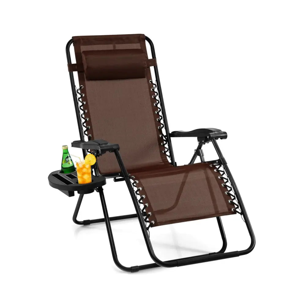 Outdoor Folding Zero Gravity Reclining Lounge Chair with Utility Tray-Brown - Brown - Beach & Lawn Chairs