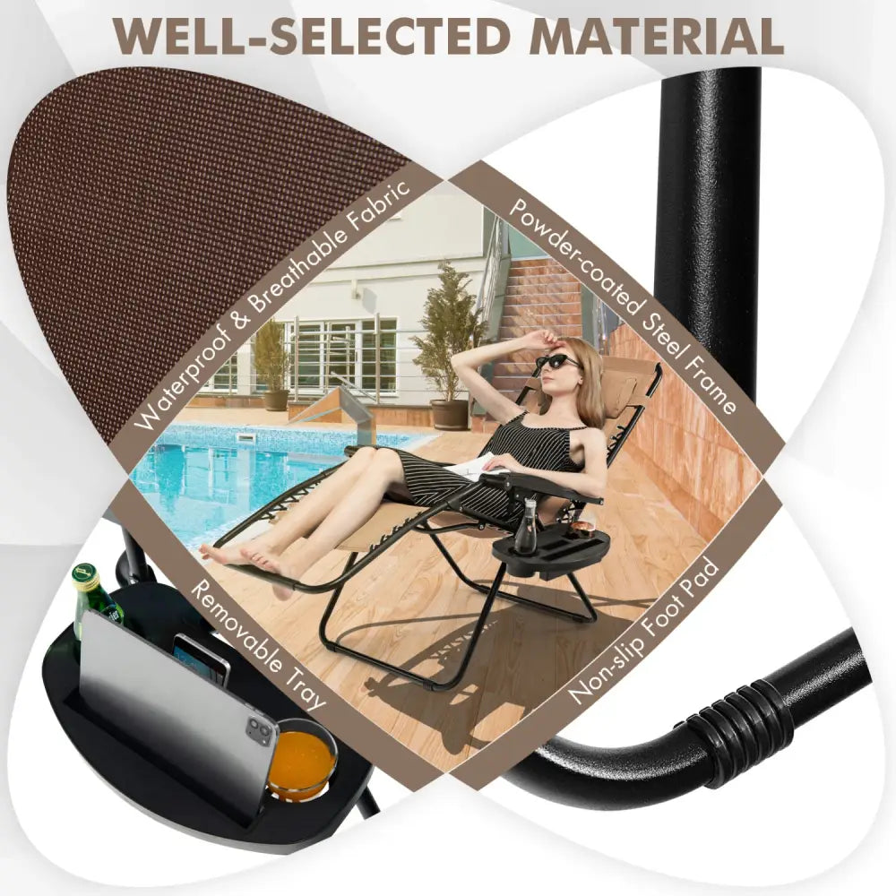 Outdoor Folding Zero Gravity Reclining Lounge Chair with Utility Tray-Brown - Brown - Beach & Lawn Chairs