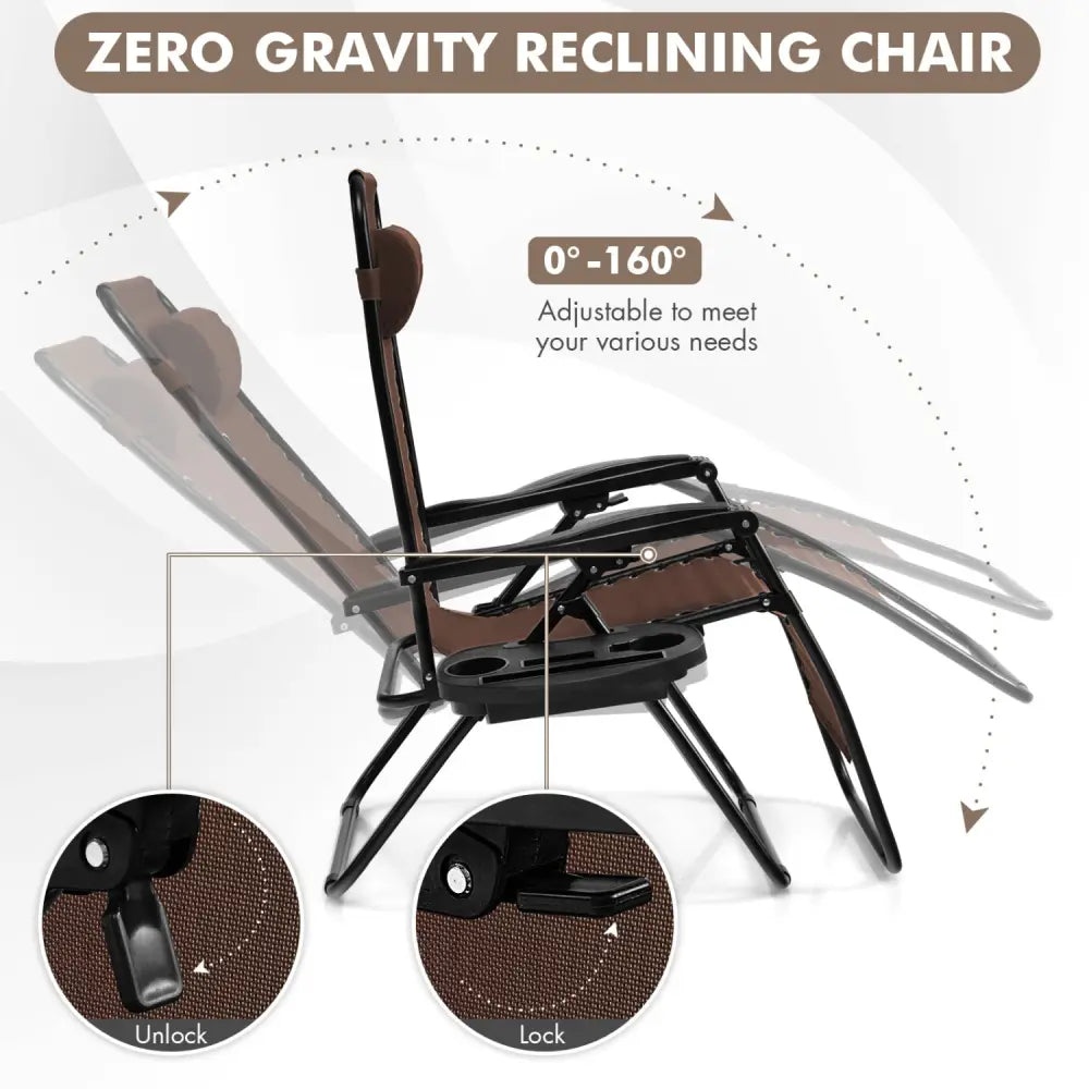 Outdoor Folding Zero Gravity Reclining Lounge Chair with Utility Tray-Brown - Brown - Beach & Lawn Chairs