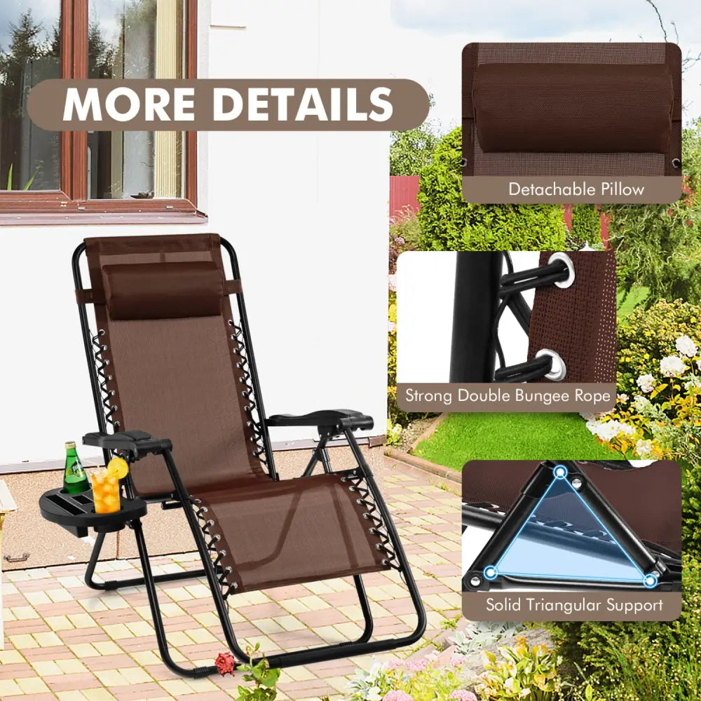 Outdoor Folding Zero Gravity Reclining Lounge Chair with Utility Tray-Brown - Brown - Beach & Lawn Chairs