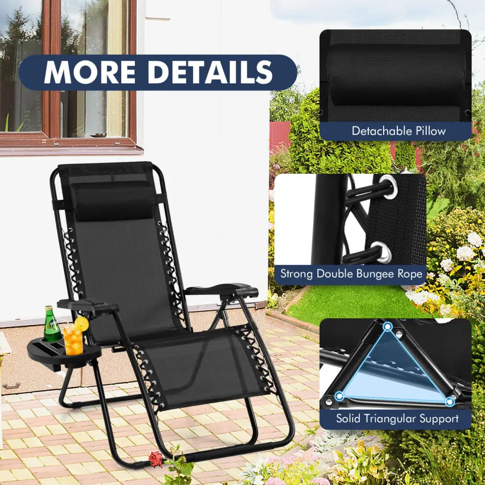 Outdoor Folding Zero Gravity Reclining Lounge Chair with Utility Tray-Black - Black - Beach & Lawn Chairs