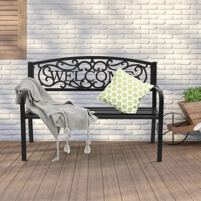 Outdoor Furniture Steel Frame Porch Garden Bench-Black - Black - Outdoor Benches