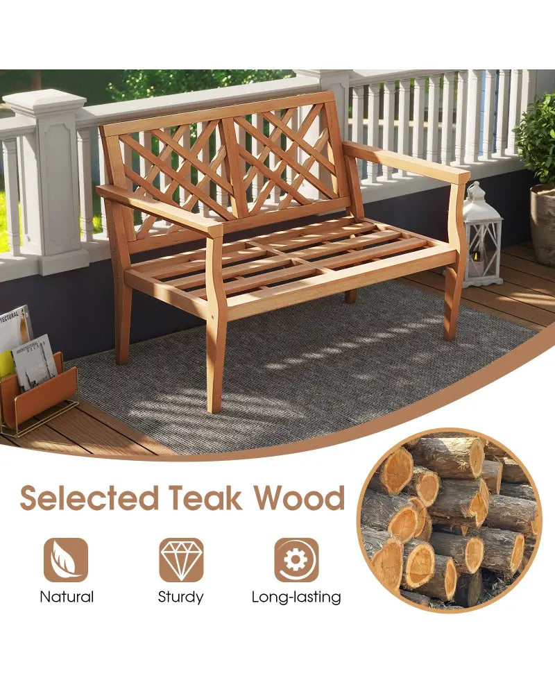 Outdoor Garden Bench 2-Person Teak Wood Bench with Comfy Armrests and Backrest - Natural - Outdoor Benches