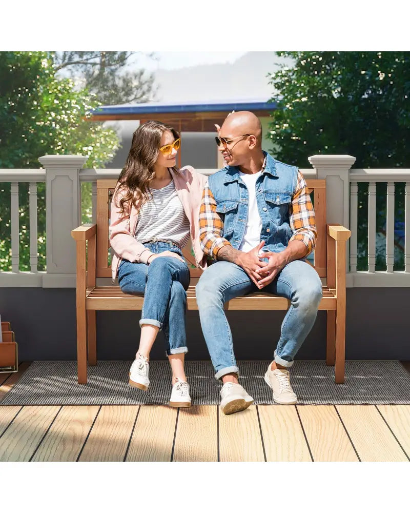 Outdoor Garden Bench 2-Person Teak Wood Bench with Comfy Armrests and Backrest - Natural - Outdoor Benches