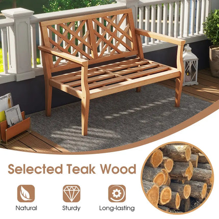 Outdoor Garden Bench 2-Person Teak Wood Bench with Comfy Armrests and Backrest - Natural - Outdoor Benches
