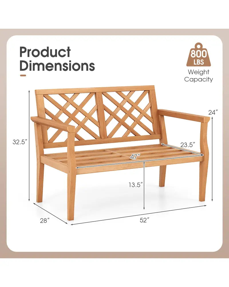 Outdoor Garden Bench 2-Person Teak Wood Bench with Comfy Armrests and Backrest - Natural - Outdoor Benches