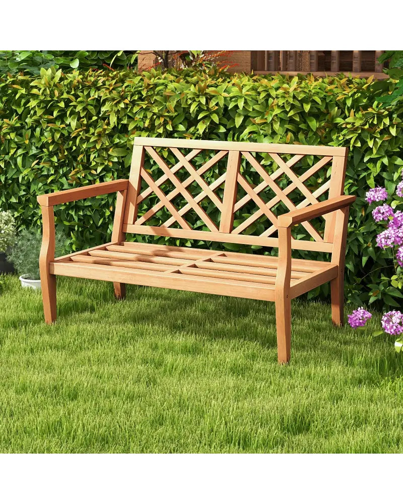 Outdoor Garden Bench 2-Person Teak Wood Bench with Comfy Armrests and Backrest - Natural - Outdoor Benches