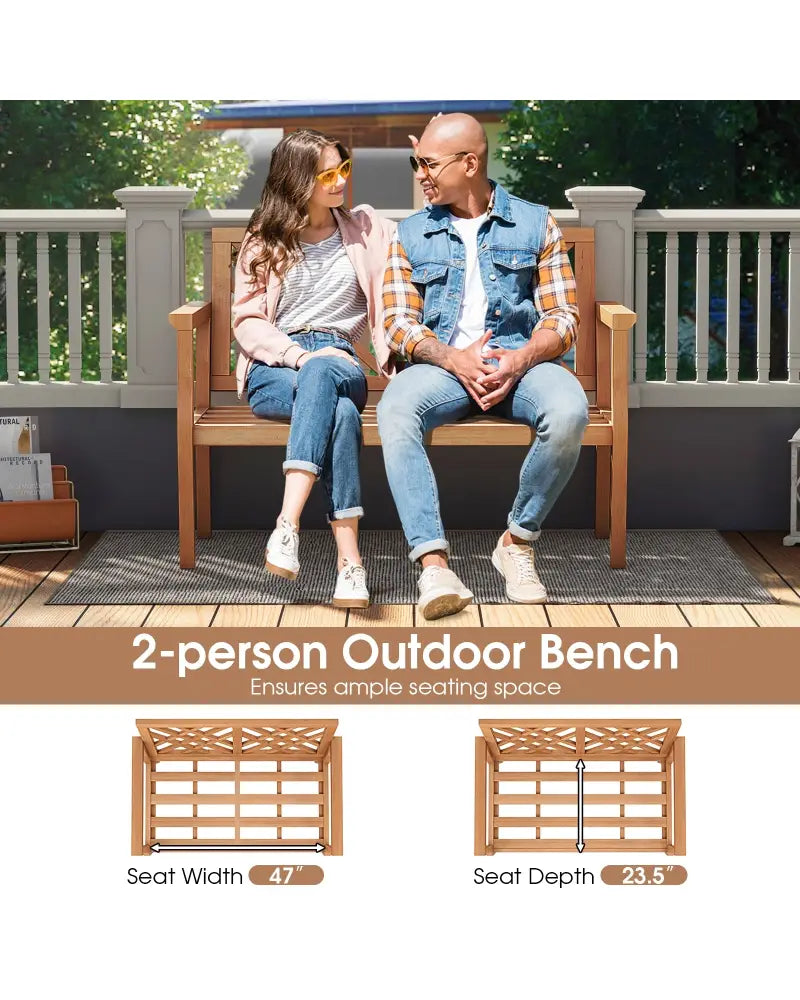 Outdoor Garden Bench 2-Person Teak Wood Bench with Comfy Armrests and Backrest - Natural - Outdoor Benches