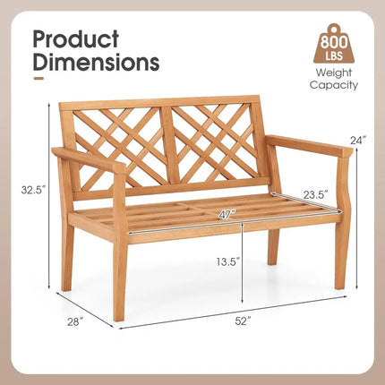 Outdoor Garden Bench 2-Person Teak Wood Bench with Comfy Armrests and Backrest - Natural - Outdoor Benches