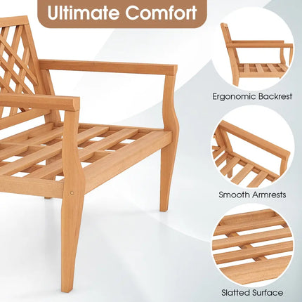 Outdoor Garden Bench 2-Person Teak Wood Bench with Comfy Armrests and Backrest - Natural - Outdoor Benches