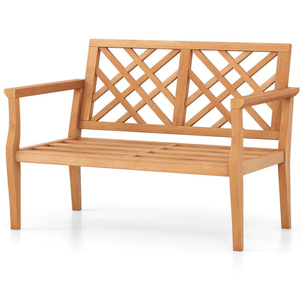 Outdoor Garden Bench 2-Person Teak Wood Bench with Comfy Armrests and Backrest - Natural - Outdoor Benches
