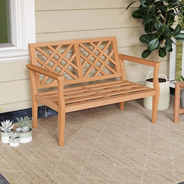 Outdoor Garden Bench 2-Person Teak Wood Bench with Comfy Armrests and Backrest - Natural - Outdoor Benches