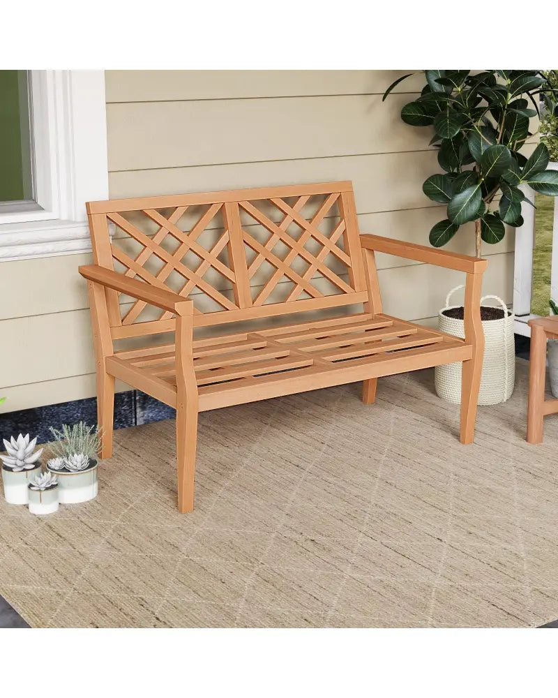 Outdoor Garden Bench 2-Person Teak Wood Bench with Comfy Armrests and Backrest - Natural - Outdoor Benches