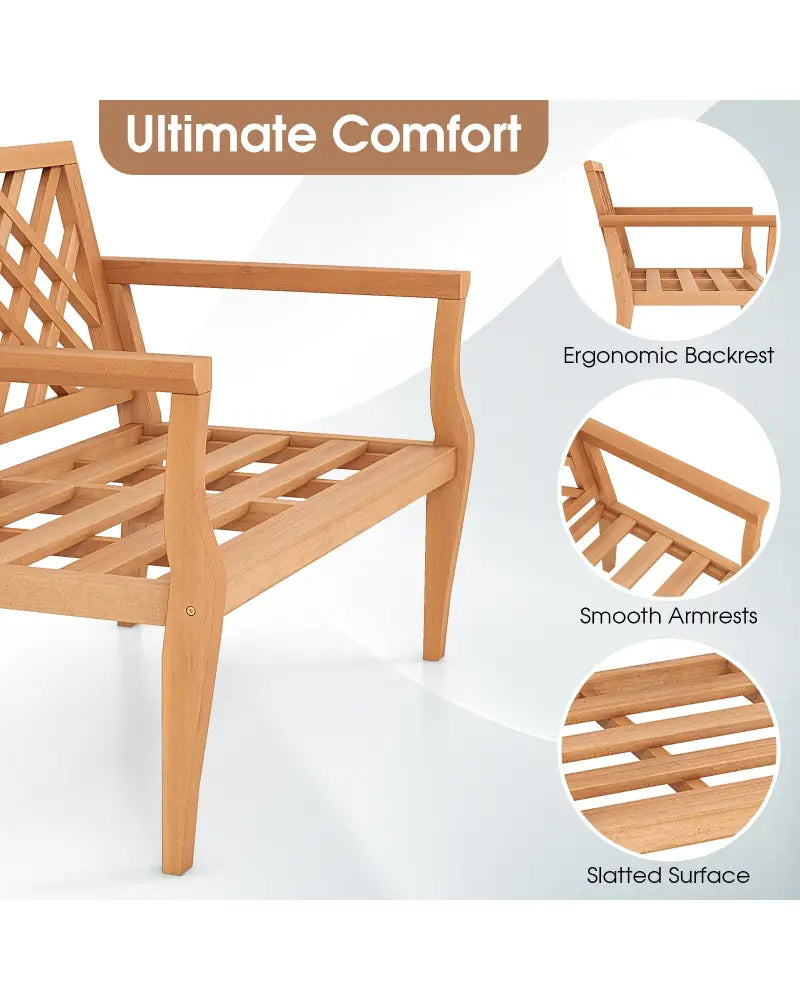 Outdoor Garden Bench 2-Person Teak Wood Bench with Comfy Armrests and Backrest - Natural - Outdoor Benches