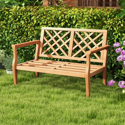 Outdoor Garden Bench 2-Person Teak Wood Bench with Comfy Armrests and Backrest - Natural - Outdoor Benches