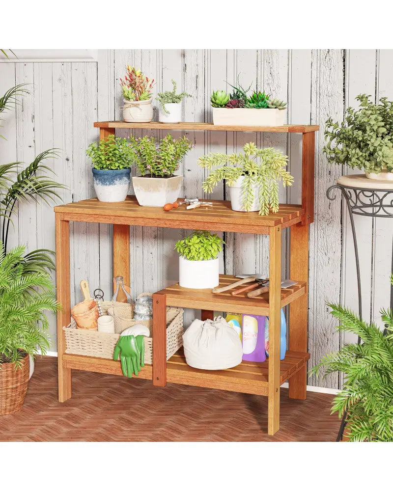 Outdoor Garden Potting Wood Planting Workstation with Open Shelves - Potting Benches & Tables