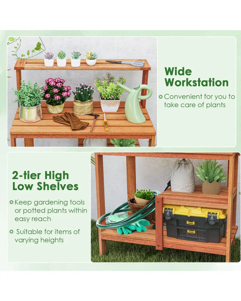 Outdoor Garden Potting Wood Planting Workstation with Open Shelves - Potting Benches & Tables